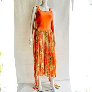 J.J. Garella orange open back sleeveless maxi jumpsuit dress with wrapping scarf